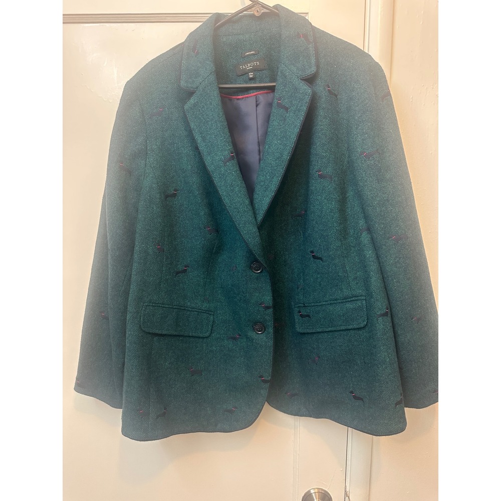 Talbots Aberdeen Green Herringbone Dachshund Embroidered Wool Blazer 20W